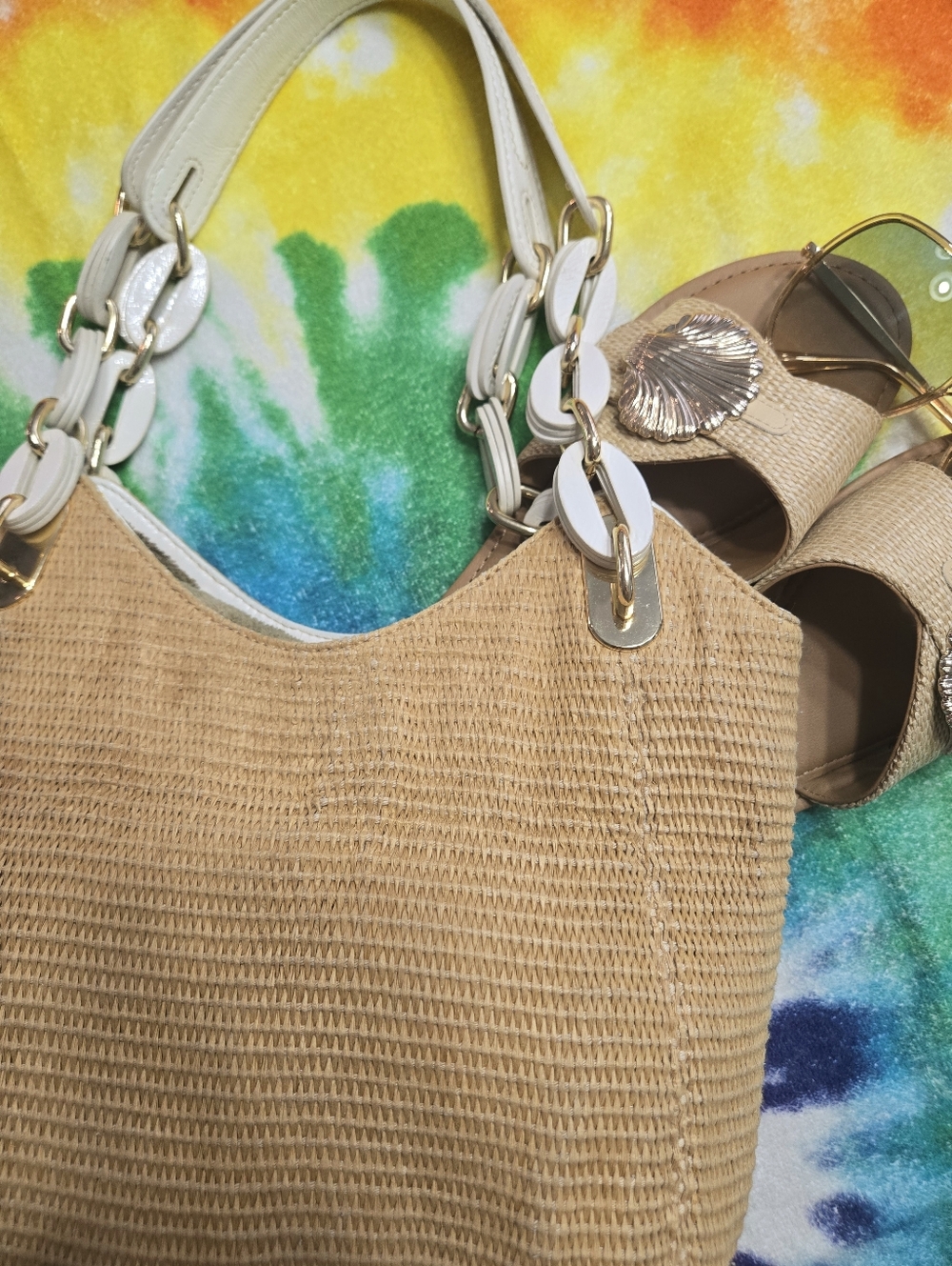 Michael Kors Straw Shoulder Bag Cream Chain Handle Summer Beach Resort Tote